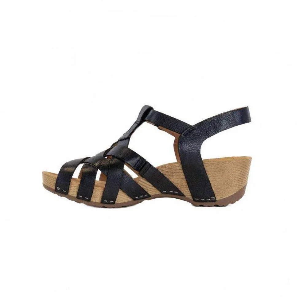Dansko Womens‎ Black Leather T-Strap Wedge Sandals Size 39 EU 8.5-9 US Strappy